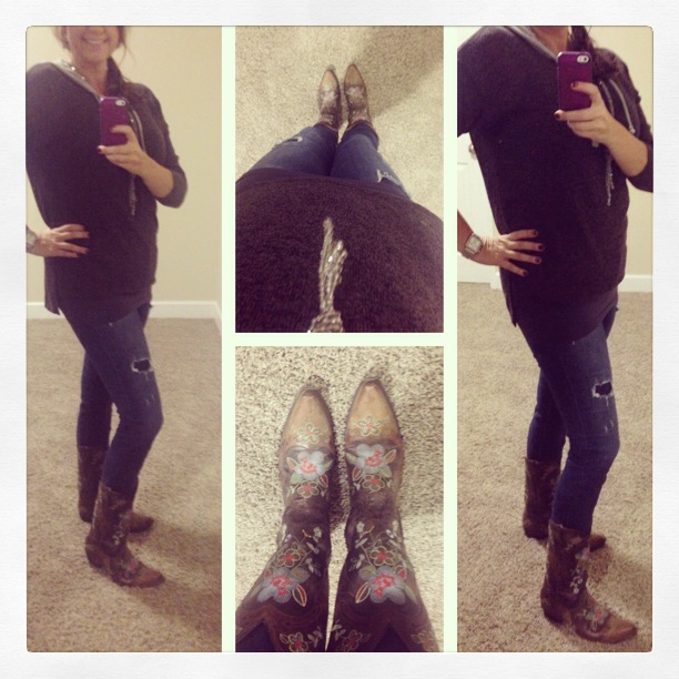 Sweater: Aniche Boutique; Jeans: Celebrity Pink Jeans; Boots: Old Gringo Boots; Necklace: Handmade by Crystal Bascia