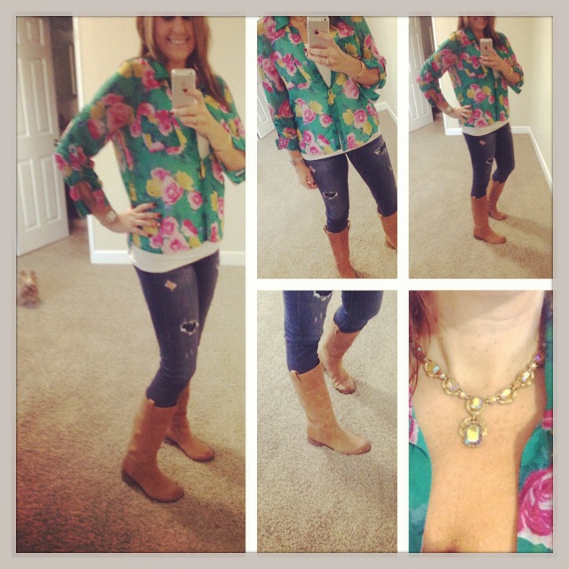 Blouse: Forever 21; Tank: Target; Jeans: American Eagle; Boots: Lucky; Necklace: Vintage; Watch: Michele; Earrings: Euro Art Jewelers