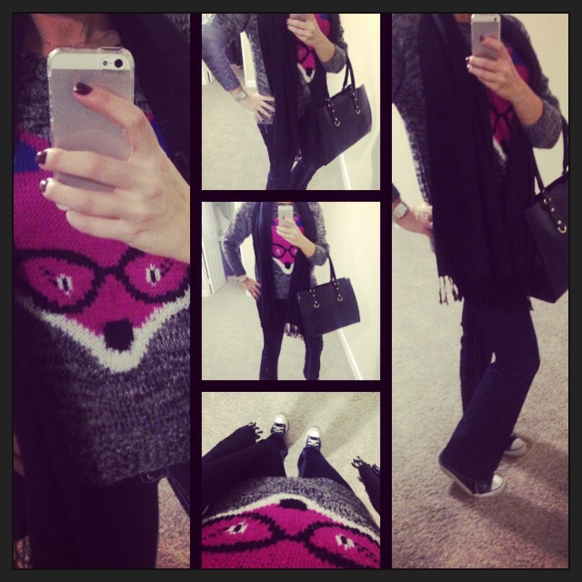 Sweater: c/o Kohls; Scarf: Pashmina; Jeans: Miss Me Jeans; Bag: c/o Emile Handbags;