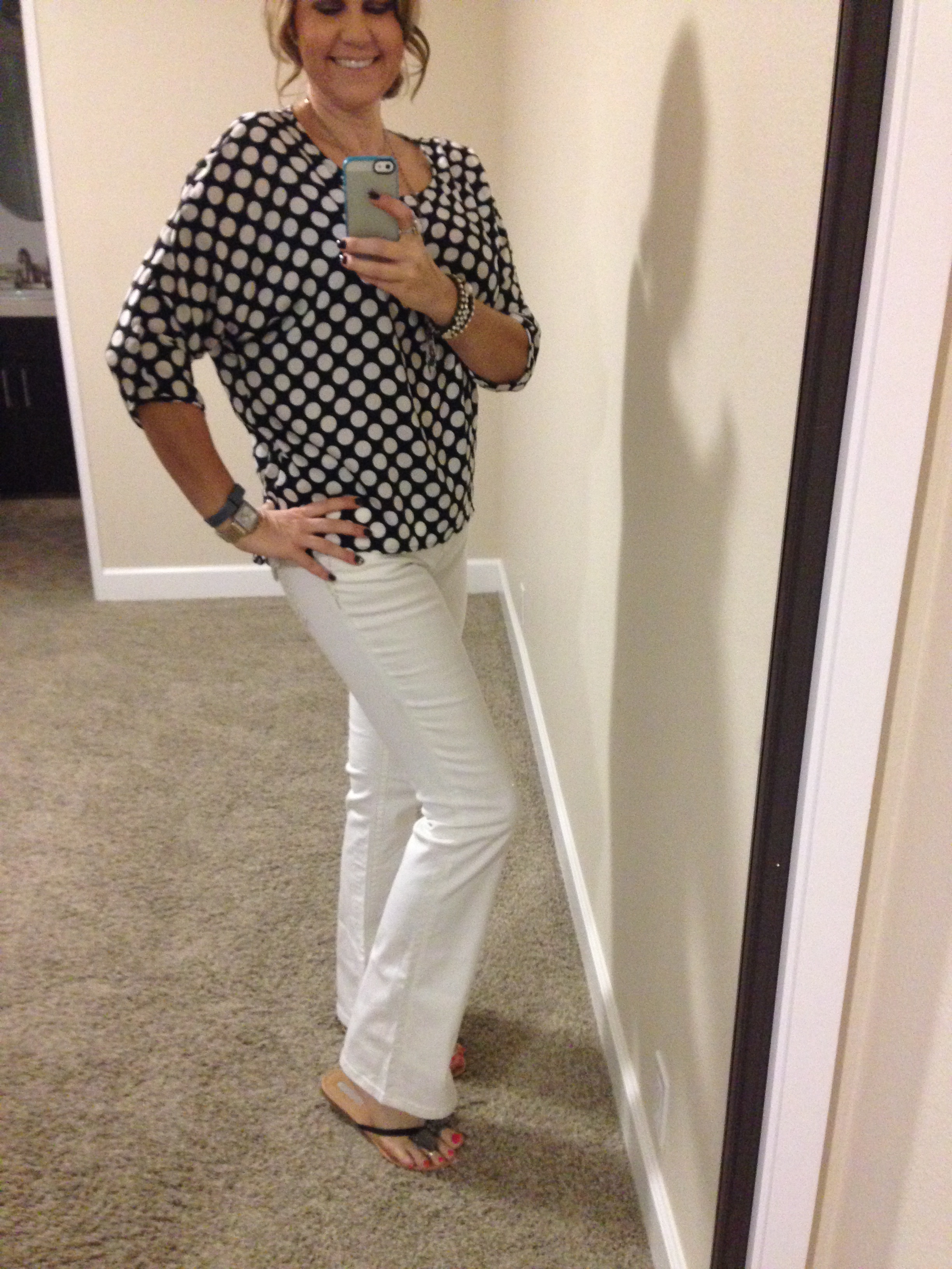 Spring means polka dots! Blouse: Bobeau (Nordstrom Rack); Jeans: Miss Me (Macy's); Sandals: INC (Miss Me); Necklace: Crystal Basica; Watch: Michele;
