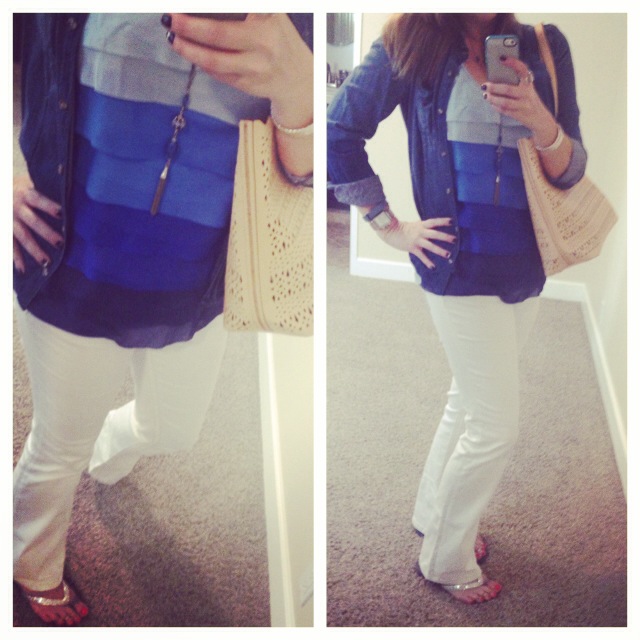 Shirt: Lauren Conrad for Kohl's; Tank: Apt. 9 for Kohl's; Jeans: Miss Me; Sandals: Lori Jack; Necklace: Crystal Basica; Bag: c/o Stella and Dot