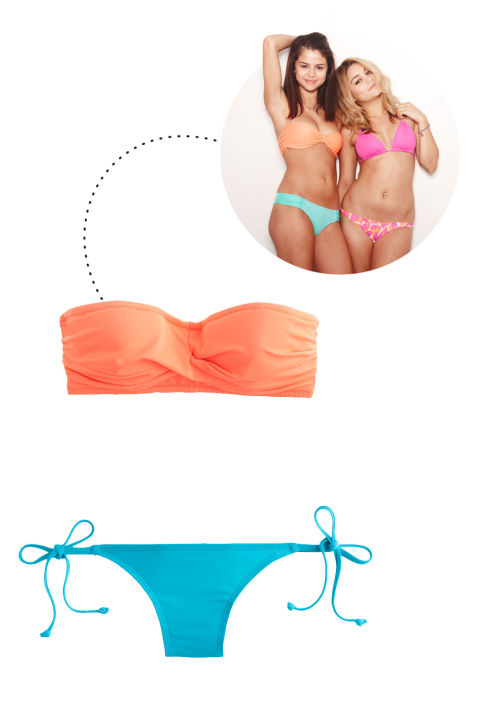Selena Gomez and Vanessa Hudgens in Spring Breakers J. Crew Neon Twist-Bandeau Underwire Bikini Top, $50; jcrew.com J. Crew Italian Matte String Hipster Bikini Bottom, $44; jcrew.com