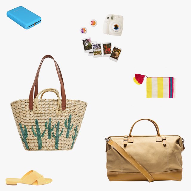 Polaroid ZIP mobile printer kit, $155, bhphotovideo.com; Mini instant lens ombré filter set, $16, urbanoutfitters.com; Pais Textil yellow and white striped pouch, $65, farandwidecollective.com; Kaufmann Mercantile canvas and leather weekender bag, $329, kaufmann-mercantile.com; Mansur Gavriel flat crossover sandals, $395, mansurgavriel.com; Mango straw bag, $58, mango.com