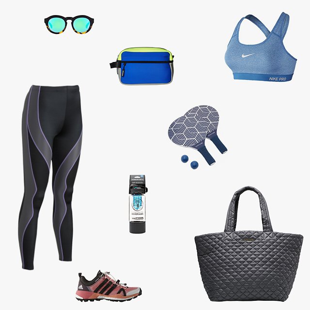 Diff Eyewear Dime sunglasses, $50, diffeyewear.com; Herschel Supply Co. Chapter toiletry kit, $40, herschelsupply.com; Nike Pro bra, $40, six02.com; SunnyLife Lennox beach paddles, $26, shopbop.com; MZ Wallace large metro tote in Magnet Oxford, $225, mzwallace.com; Adidas Terrex Skychaser shoes, $180, adidas.com; CW-X Performx tights, $75, paragonsports.com; Pat’s Backcountry Beverages carbonator bottle, $40, patsbcb.com