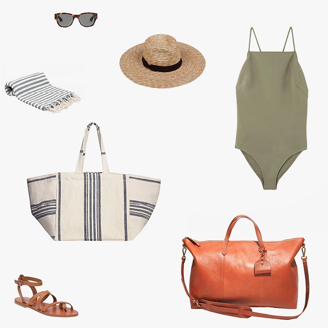 Toms Gigi pink tortoise sunglasses, $75, toms.com; Lack of Color The Spencer wide-brimmed fedora, $50, lackofcolor.com; Cos swimsuit with D-ring detail, $59, cosstores.com; Madewell The Transport weekender, $298, madewell.com; Lucky Brand women’s Aubree flat sandals, $59, macys.com; Wilfred Seaside stripe tote, $75, aritzia.com; Buldano Turkish Peshtemal Fouta bath towel, $20, allmodern.com