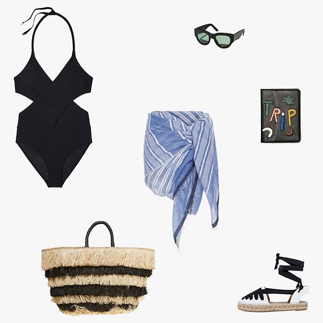 Tory Burch solid wrap one-piece swimsuit, $195, toryburch.com; & Other Stories thick cat-eye acetate sunnies, $75, stories.com; Lizzie Fortunato passport case in Trippin’, $140, lizziefortunato.com; André Assous Venice sandals, $115, andreassous.com; Kayu Pinata fringed woven seagrass tote, $130, net-a-porter.com; Lemlem Selina striped sarong, $195, modaoperandi.com